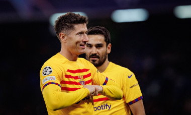 Robert Lewandowski celebrates after scoring goal during UEFA Champions League 23/24 game between SSC Napoli and FC Barce