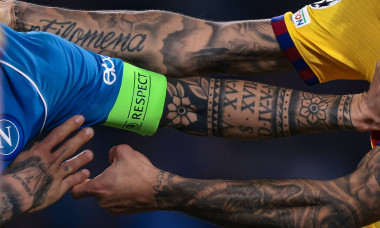 Naples, Italy, 21st February 2024. Tattoos on the arms of Giovanni Di Lorenzo of SSC Napoli and Joao Cancelo of FC Barce
