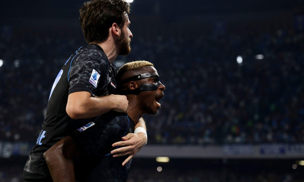 Naples, Italy. 08th Oct, 2023. Victor Osimhen of SSC Napoli celebrates with team mate Khvicha Kvaratskhelia after scoring the goal of 1-1 during the Serie A football match between SSC Napoli and ACF Fiorentina at Diego Armando Maradona stadium in Naples (