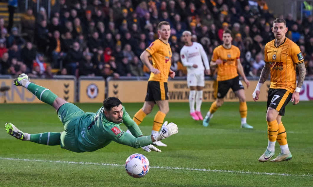 Emirates FA Cup Fourth Round Newport County v Manchester United, ManU Nick Townsend of Newport County watches Antony of