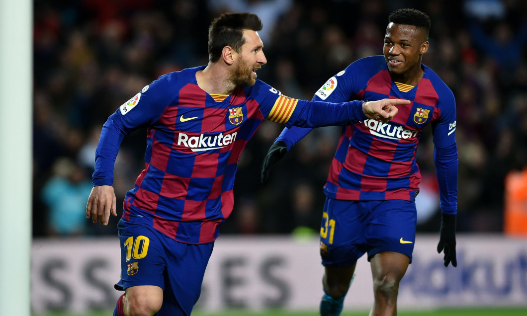 Leo Messi of FC Barcelona celebrate his goal with Ansu Fati during the Liga match between FC Barcelona and Granada CF at Camp Nou on January 19, 2020 in Barcelona, Spain. (Photo by DAX/ESPA-Images)