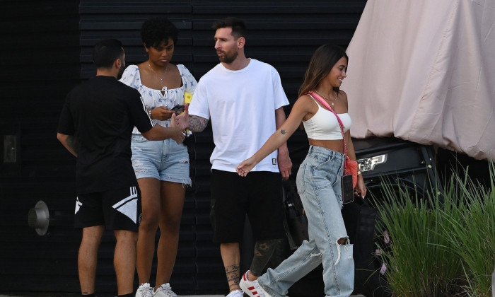 *EXCLUSIVE* Lionel Messi is seen with wife Antonella who has been going viral after his games! Fans can't get enough of the Argentinian stunner! **Web Must Call For Pricing**