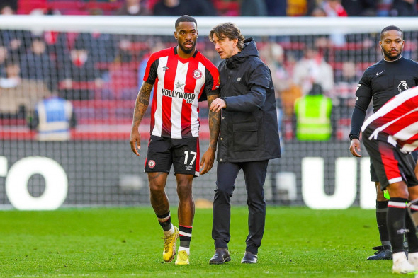 Brentford v Chelsea Premier League 02/03/2024. Thomas Frank Manager of Brentford and Ivan Toney (17) of Brentford during