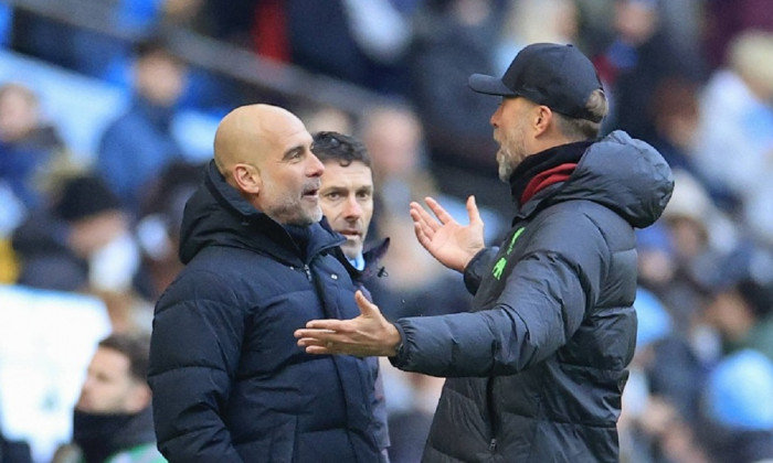 Premier League Manchester City v Liverpool Pep Guardiola the Manchester City manager and Liverpool manager Jurgen Klopp