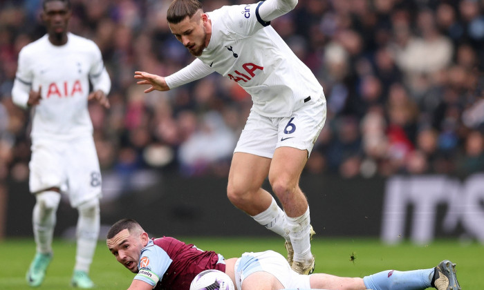 London, England, 9th March 2024. John McGinn of Aston Villa with Radu Dragusin of Tottenham during the Premier League ma