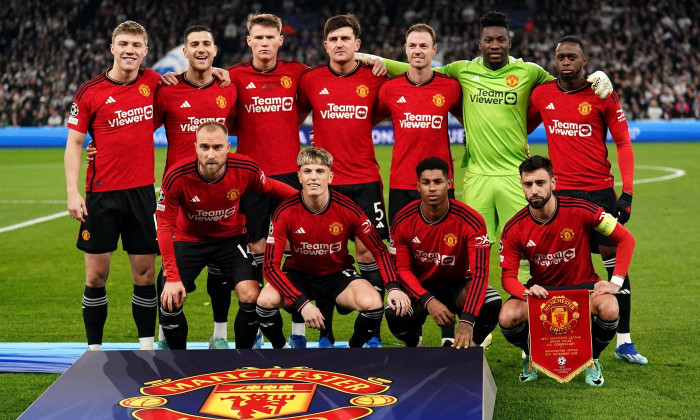 Manchester United team line up, back row left to right, Rasmus Hojlund, Diogo Dalot, Scott McTominay, Harry Maguire, Jonny Evans, Andre Onana and Aaron Wan-Bissaka. Front row, Christian Eriksen, Alejandro Garnacho, Marcus Rashford and Bruno Fernandes befo