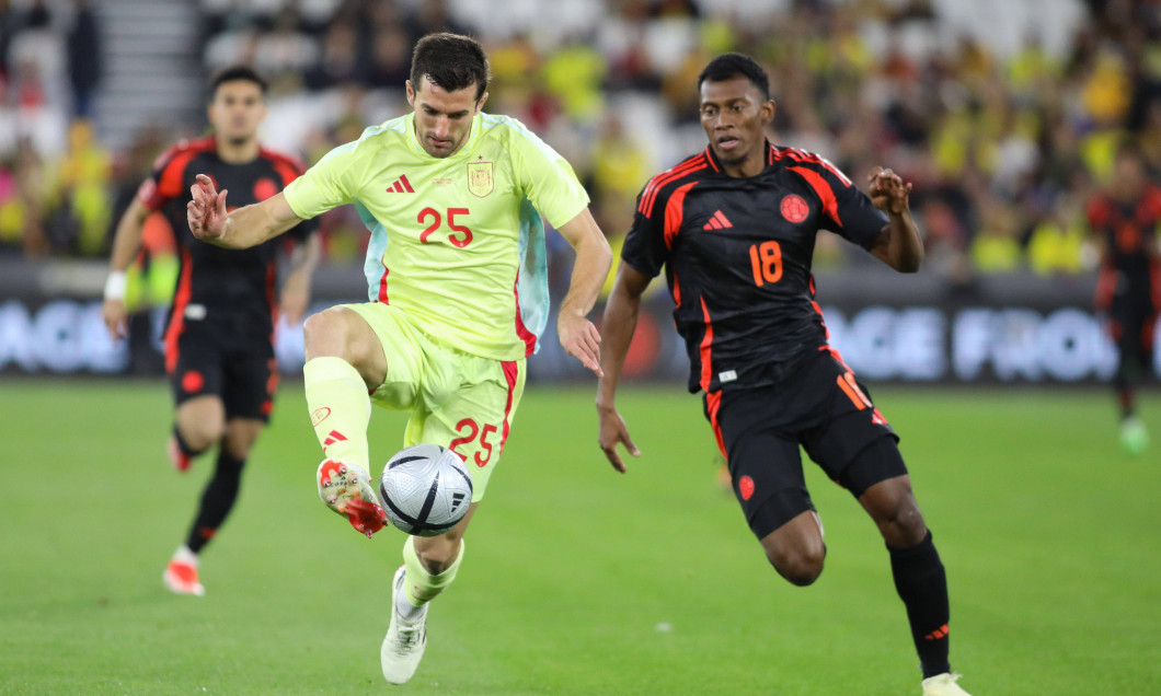 London, England, March 22nd 2024: Vivian (25 Spain) protects the ball from Mateo Cassierra (18 Colombia) during the Inte