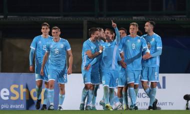 Serravalle, Italy, 20th March 2024. Filippo Berardi of San Marino celebrates with team mates after scoring a first half