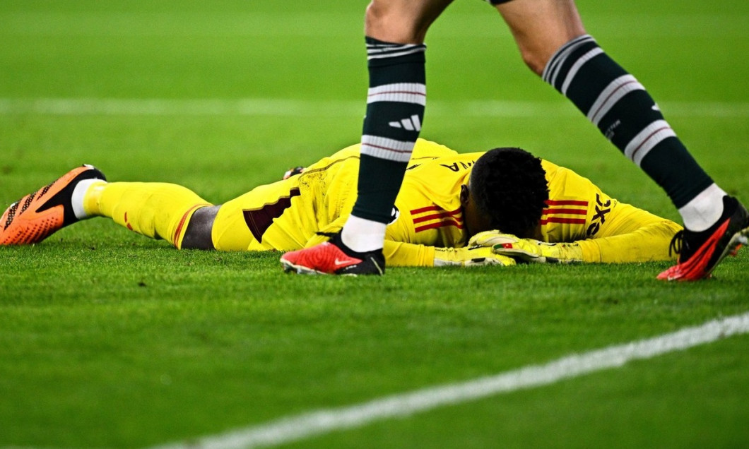 Munich, Germany. 20th Sep, 2023. Soccer, Champions League, FC Bayern Munich - Manchester United, Group stage, Group A, Matchday 1, Allianz Arena, Manchester goalkeeper Andre Onana lies disappointed on the pitch after conceding the first goal. Credit: Tom