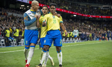 Endrick of Brazil celebrates after scoring a goal (2-2) during the game between Spain and Brazil at Estadio Bernabeu in