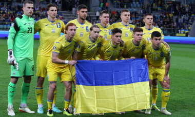 Wroclaw, Poland - March 26, 2024: Players of Ukraine National Team pose for a group photo before the UEFA EURO 2024 Play-off game Ukraine v Iceland at Tarczynski Arena in Wroclaw, Poland