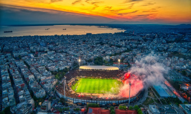 Thessaloniki, Greece, April 21, 2019: Aerial shoot of the Toumba Stadium full of fans of PAOK celebrating the winning of the Greek Super League champi