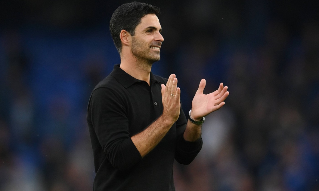 Liverpool, England, 17th September 2023. Mikel Arteta manager of Arsenal applauds the fans during the Premier League mat