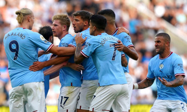 Manchester City players celebrate after Bernardo Silva scores their side&apos;s third goal of the game during the Premier League match at St. James&apos; Park, Newcastle. Picture date: Sunday August 21, 2022.