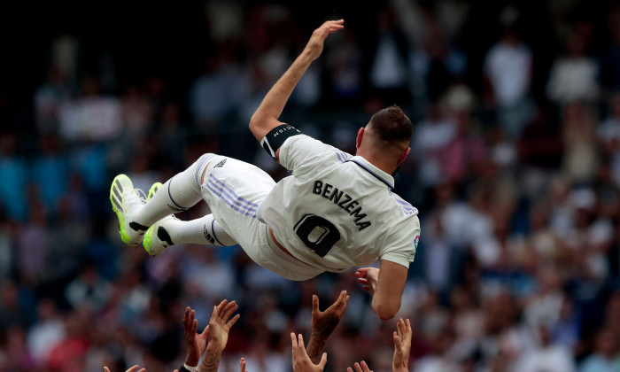 Madrid, Spain; 4.06.2023.- Karim Benzema says goodbye to Real Madrid playing and scoring a goal against Athletic Club at the end of the 2022-2023 Spanish soccer season. "5 European Cups, 5 Club World Cups, 4 European Super Cups, 4 Leagues, 3 Copas del Rey