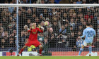Etihad Stadium, Manchester, UK. 17th Apr, 2024. Champions League Football, Quarter Final, Manchester City versus Real Madrid; Bernardo Silva of Manchester City sees his penalty kick saved by Andriy Lunin of Real Madrid Credit: Action Plus Sports/Alamy Liv