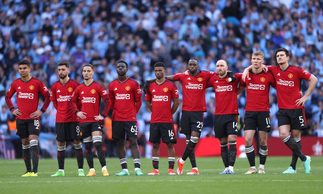 Man Utd players during the penalty shoot-out at the Emirates FA Cup Semi-Final match, Coventry City v Manchester United,
