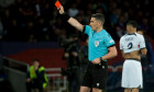 Barcelona, Espagne. 16th Apr, 2024. Referee Istvan Kovacs of Romania gives a red card during the UEFA Champions League, Quarter-finals, 2nd leg football match between FC Barcelona and Paris Saint-Germain (PSG) on April 16, 2024 at Estadi Olmpic Llus Compa