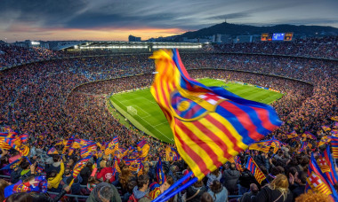 Festive mood at Camp Nou stadium, full sold out with 91,648 spectators, the world attendance record for a women&apos;s football match, in 2022 Champions