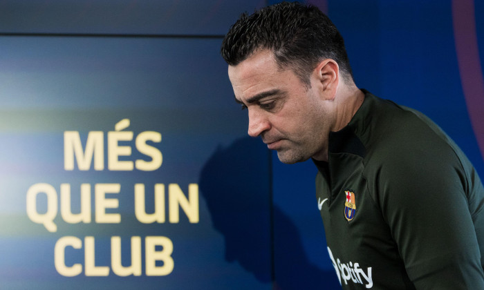 Sant Joan Despi, Spain, on April 12, 2024, Xavi Hernandez head coach of FC Barcelona press conference in Ciutat Esportiva Joan Gamper, Sant Joan Despi, Spain, on April 12, 2024.© Joan Gosa 2024