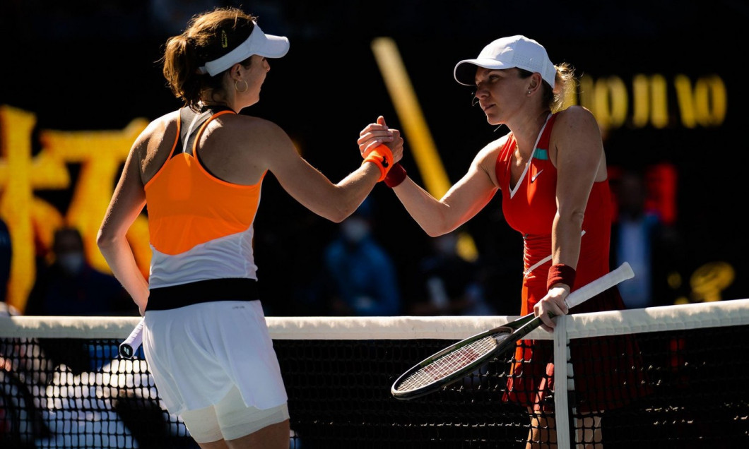 Melbourne, Australia. 24th Jan, 2022. Australia, January 24, 2022, Alize Cornet of France &amp; Simona Halep of Romania in action during the fourth round at the 2022 Australian Open, WTA Grand Slam tennis tournament on January 24, 2022 at Melbourne Park in Me