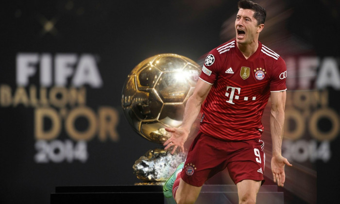 PHOTO COMPOSITION: Robert LEWANDOWSKI (FC Bayern Munich) is one of the promising candidates for the Ballon D 'OR 2021 award.Archive photo: factual image of the trophy, golden football, world footballer, player of the year, world player of the year, FIFA B