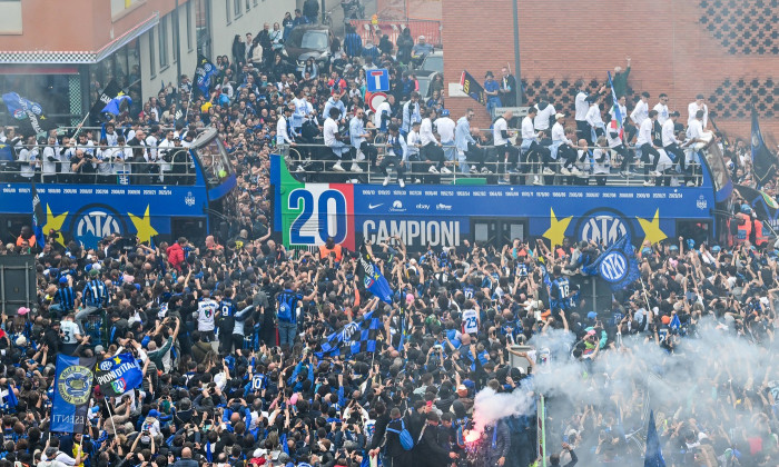 Inter players celebrate the Scudetto, Milano, Italy Milano, Italy. 28th, April 2024. The players and staff of Inter cele