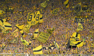 Fans of Borussia Dortmund before the UEFA Champions League match between Borussia Dortmund and Paris Saint Germain at BV