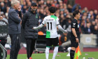 London, England, 27th April 2024. Jurgen Klopp, Manager of Liverpool and Mohamed Salah of Liverpool exchange words on th