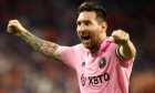 Cincinnati, Ohio, USA. August 23, 2023: Inter Miami CF player Lionel Messi celebrates teammate Leonardo Campana's goal (not pictured) during a Lamar Hunt US Open Cup soccer game between FC Cincinnati and Inter Miami CF at Nippert Stadium in Cincinnati, Oh