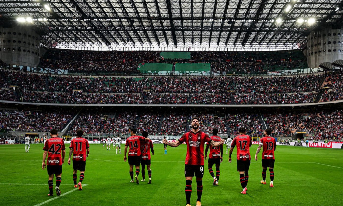 Milan, Italy. 5th May, 2024. AC Milan's French forward #09 Olivier Giroud celebrates after scoring a goal during the Italian Serie A football match AC Milan vs Genoa at San Siro stadium Credit: Piero Cruciatti/Alamy Live News