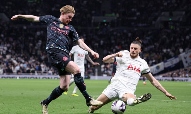 London, England, 14th May 2024. Kevin De Bruyne of Manchester City shot blocked by Radu Dragusin of Tottenham during the