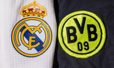 Borussia Dortmund shield next to the Real Madrid shield on his shirt. Final concept of the UEFA Champions League on June 1, 2024