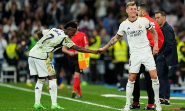 Madrid, Spain. 14th May, 2024. Vinicius Jr and Toni Kroos of Real Madrid during the La Liga match between Real Madrid and Deportivo Alaves played at Santiago Bernabeu Stadium on May 14, 2024 in Madrid, Spain. (Photo by Cesar Cebolla/PRESSINPHOTO) Credit: