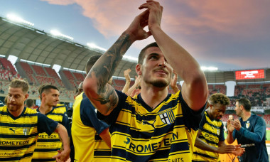 Valentin Mihaila of Parma Calcio are celebrating their mathematical promotion to Serie A during SSC Bari vs Parma Calcio