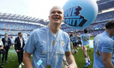 Manchester, England, 19th May 2024. Erling Haaland of Manchester City celebrates after winning the Premier league during
