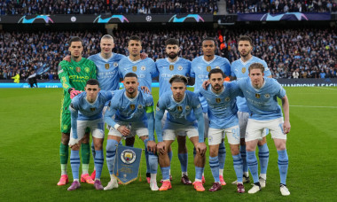 Man City pre match team photo (back row l-r) Goalkeeper Ederson, Erling Haaland, Rodri, Josko Gvardiol, Manuel Akanji a