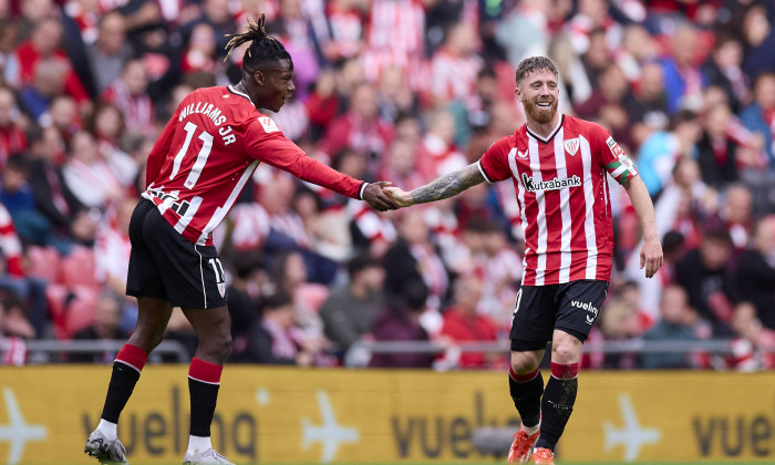 Athletic Club v Sevilla FC - LaLiga EA Sports Nico Williams of Athletic Club celebrates with Iker Muniain of Athletic Cl