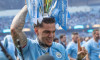 Ederson of Manchester City lifts the Premier League Trophy during the Premier League match Manchester City vs West Ham United at Etihad Stadium, Manchester, United Kingdom, 19th May 2024(Photo by Mark Cosgrove/News Images)