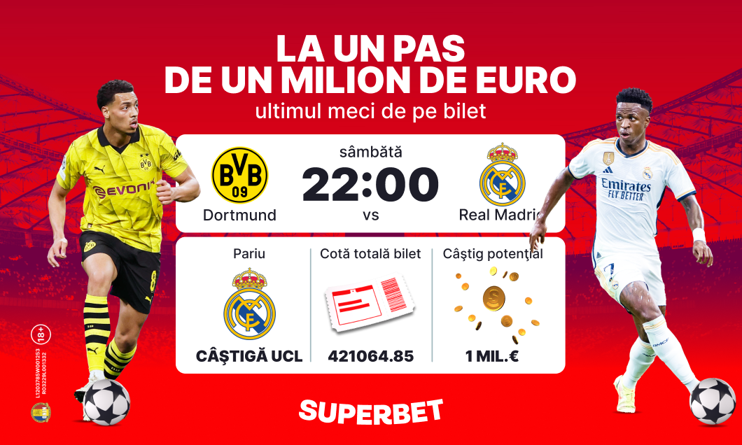 (P) Real Madrid - Dortmund îi poate aduce un milion de euro unui parior Superbet! Vezi biletul fabulos, de cotă 421064.85