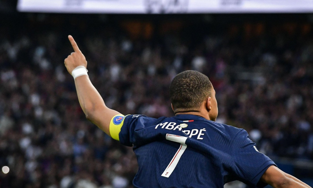 Paris Saint-Germain's forward Kylian Mbappe celebrates scoring a goal during the French L1 football match between Paris Saint-Germain and Toulouse FC at the Parc des Princes stadium in Paris on May 12, 2024. Photo by Firas Abdullah/ABACAPRESS.COM Credit: