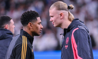 9th April 2024: Santiago Bernabeu, Madrid, Spain: UEFA Champions League quarter-final, Real Madrid versus Manchester City. Haaland and Bellingham before the game starts