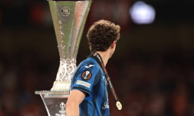 Dublin, Ireland, 22nd May 2024. Giorgio Scalvini of Atalanta reacts as he passes the trophy after collecting his Winners