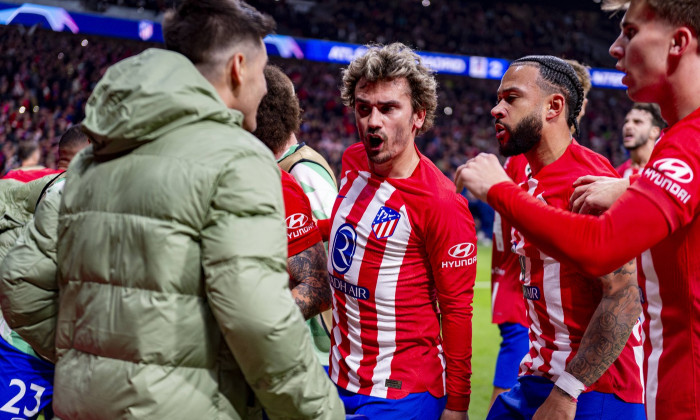 Uefa Champions League 23/24: Atletico Madrid vs FC Internazionale; Round of 16 Second Leg Antoine Griezmann (L) and Memp