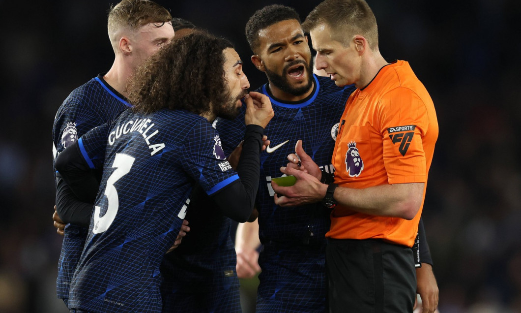 Sport Bilder des Tages Brighton and Hove, England, 15th May 2024. Cole Palmer, Marc Cucurella and Reece James of Chelsea