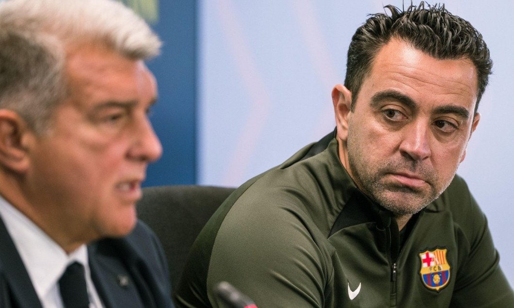 Sant Joan Despi, Spain, 25, April, 2024.Joan Laporta and Xavi Hernandez head coach of FC Barcelona press conference.Joan Laporta and Xavi Hernandez, together with the members of the board, agree to end Xavis contract as coach of FC Barcelona until 202