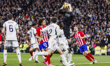 Estadio Santiago BernabĂ u Goalkeeper Andriy Lunin of Real Madrid (R) defends the ball during the LaLiga EA Sports match