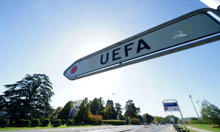 A signpost pointing towards the UEFA Headquarters in Nyon, Switzerland. Picture date: Tuesday October 10, 2023.