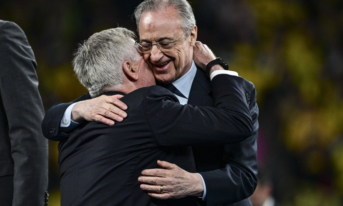 Carlo Angelotti ( Trainer / Cheftrainer Madrid ) mit Florentino Perez, Borussia Dortmund vs. Real Madrid, Fussball, Cham