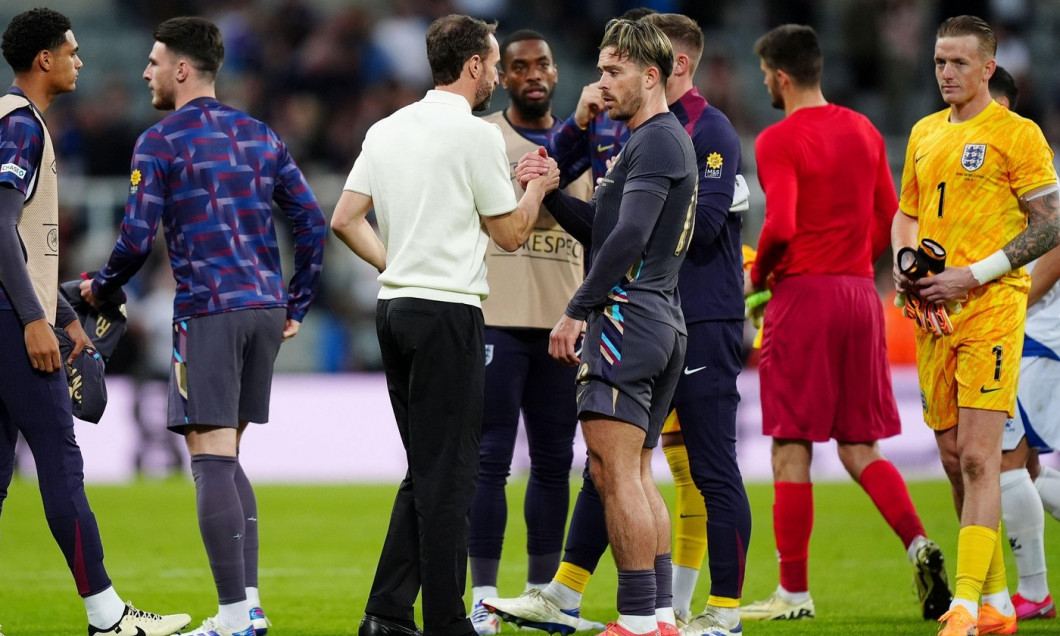 England manager Gareth Southgate (left) with Jack Grealish following an international friendly at St. James' Park, Newcastle. Picture date: Monday June 3, 2024.